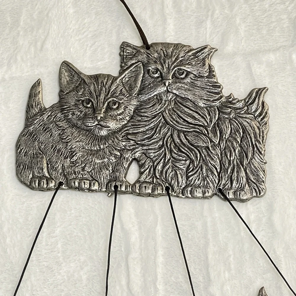 Cats Vintage 1994 Carson Pewter Metal Wind Chime kittens basket